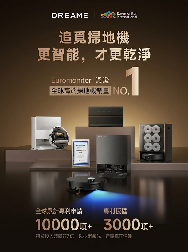 Dreame 追覓掃地機獲歐睿 Euromonitor 認證全球高端掃地機銷量第一，全球累計專利申請破萬項，展示頂級智慧全能基站陣列