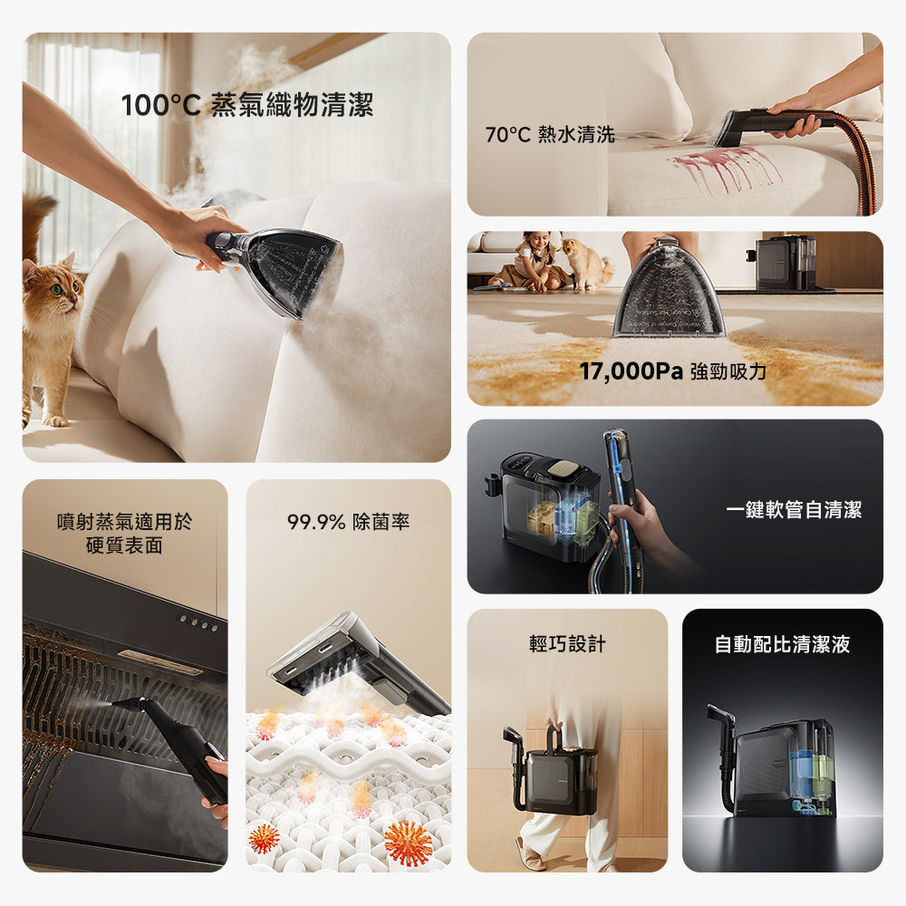 DREAME N20 Steam 100度蒸汽織物清潔 70度熱水清洗 17,000Pa強勁吸力 噴射蒸汽適用於硬質表面 99.9%除菌率 一鍵軟管自清潔 請巧設計 自動佩比清潔液